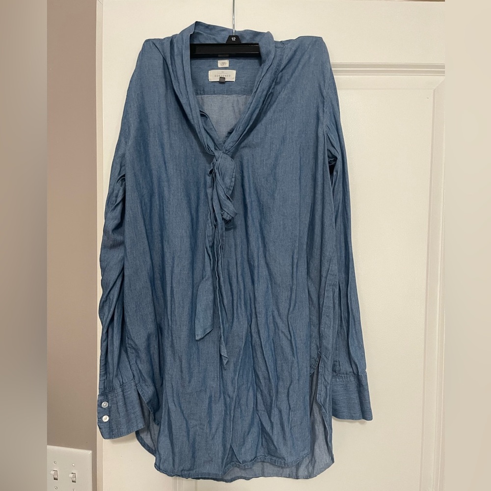 Loft denim blouse tie neck size small